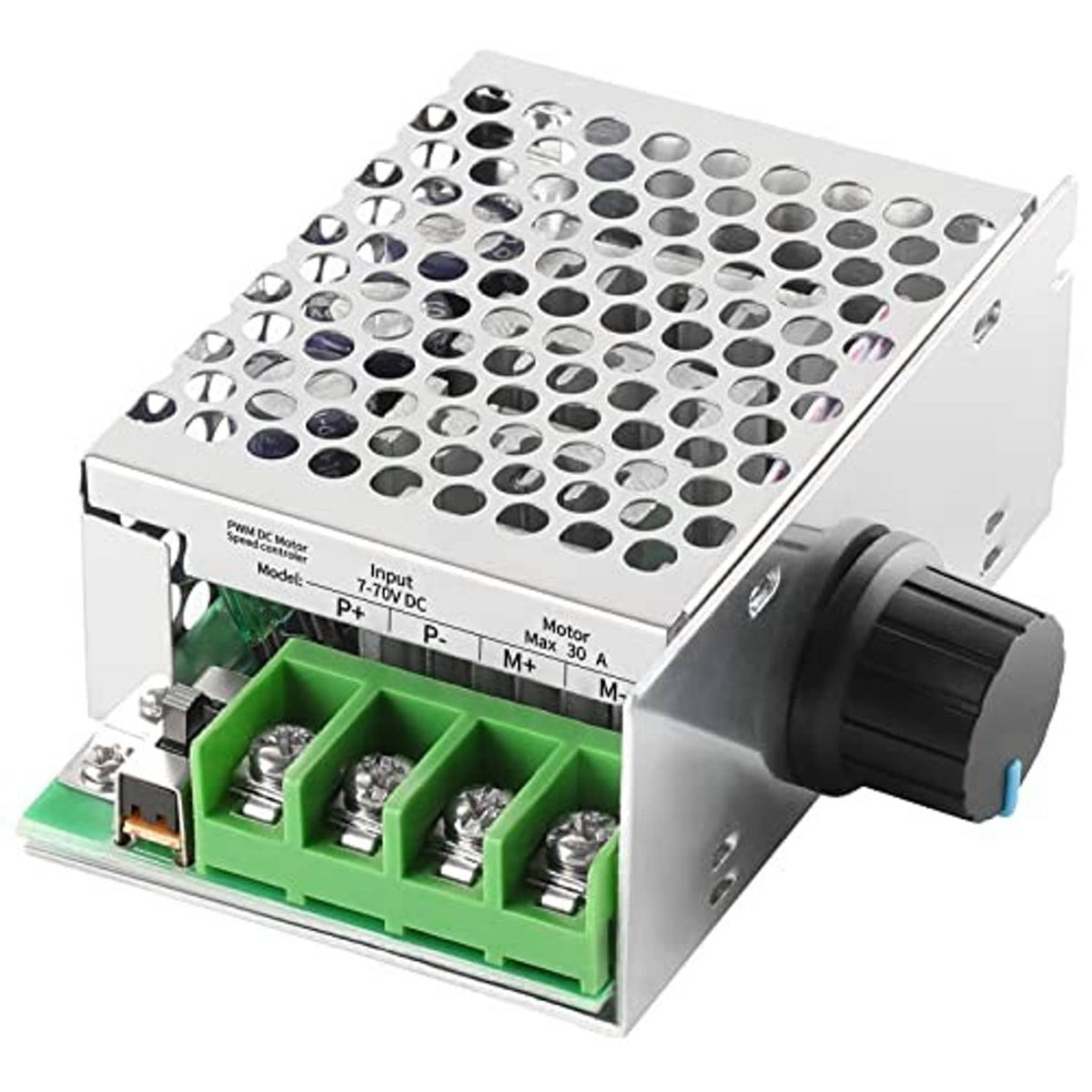 DC motor PWM speed controller with vented aluminum housing, green terminals, and black speed knob