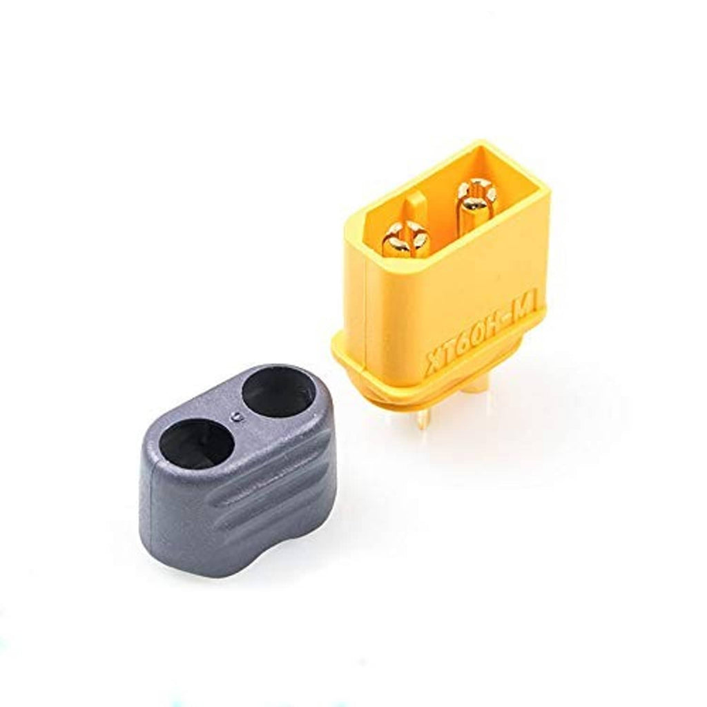 XT60-style bullet connector pair: yellow plug with dark gray counterpiece
