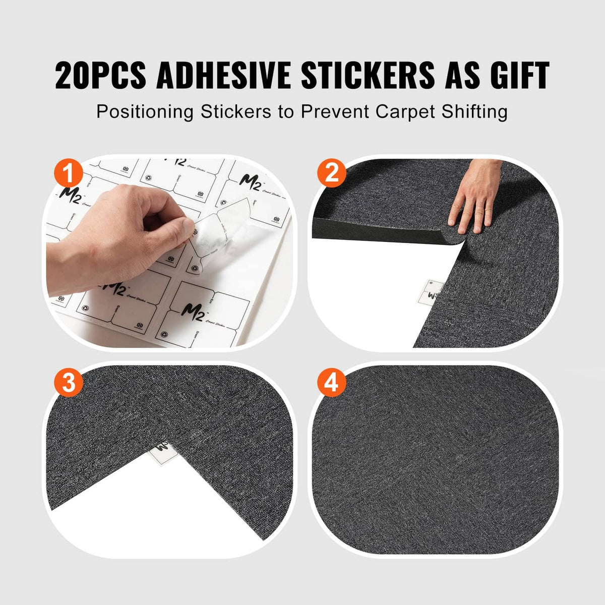 Dark gray carpet tile squares with white positioning stickers to help prevent shifting