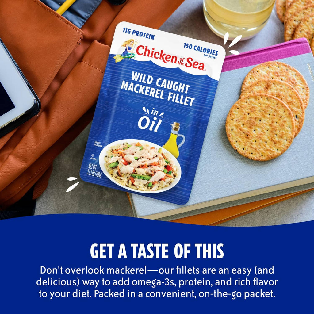 Chicken of the Sea wild caught mackerel fillet in oil pouch on a countertop