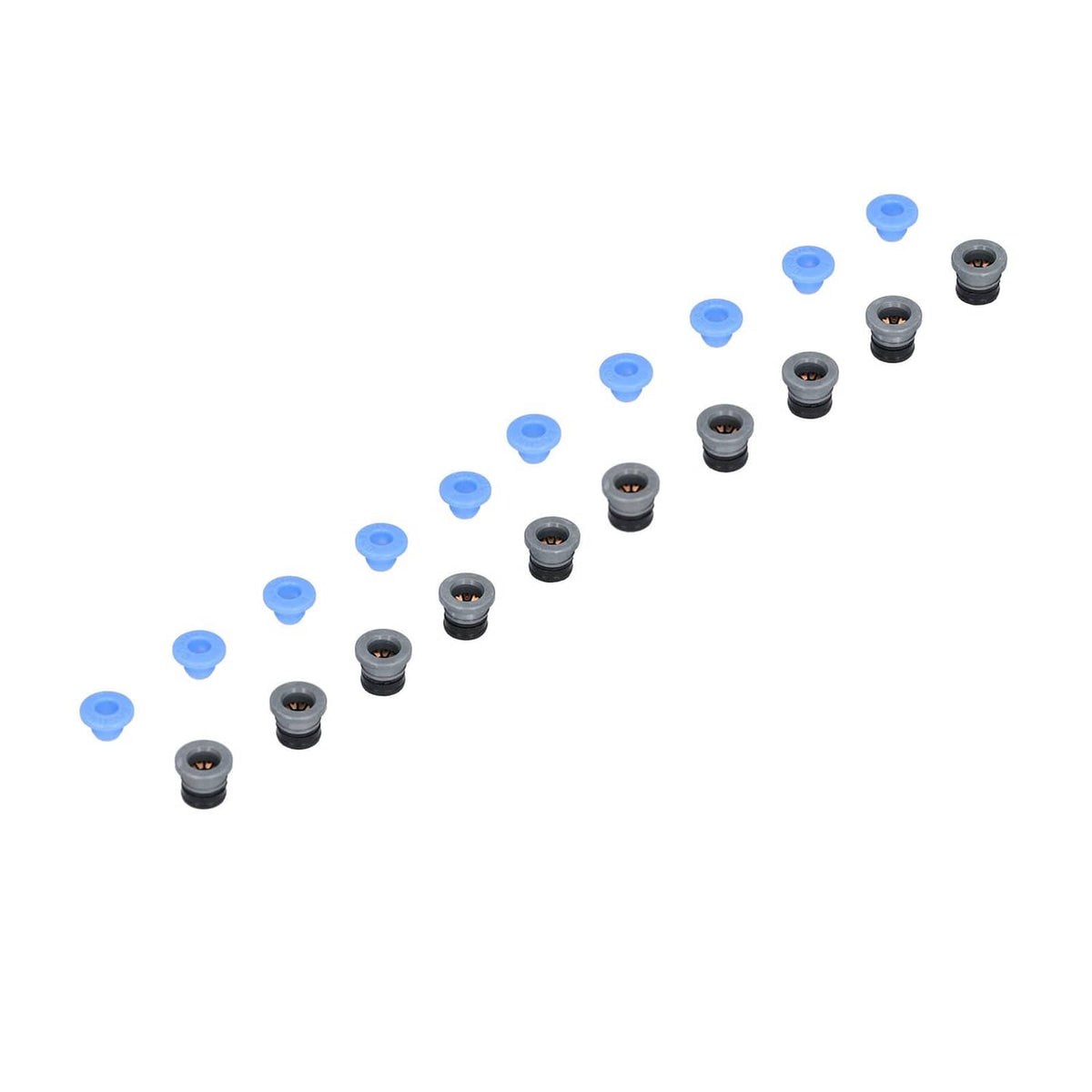 Pneumatic valve connector set, black heads with blue caps in diagonal lineup