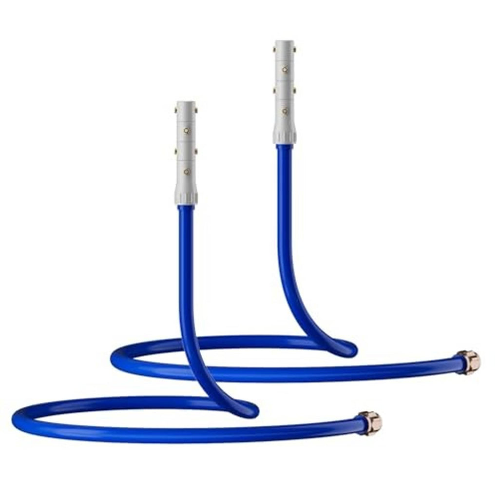 Outdoor misting cooler, two blue hose arms with silver adjustable mist nozzles
