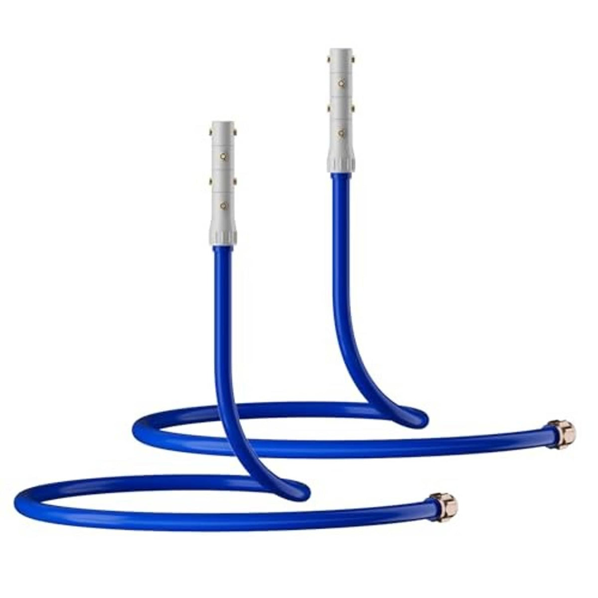 Outdoor misting cooler, two blue hose arms with silver adjustable mist nozzles
