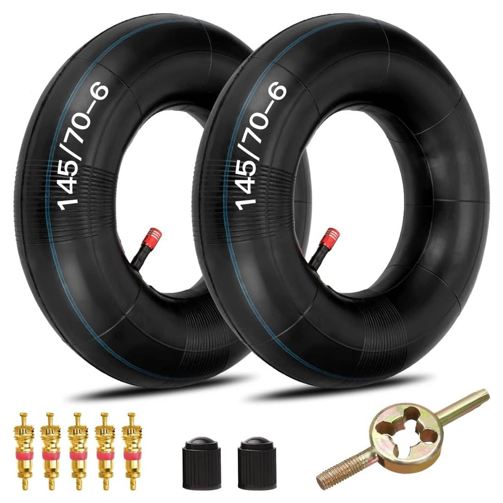 Two black inner tubes with red valve stems, size 145/70-6