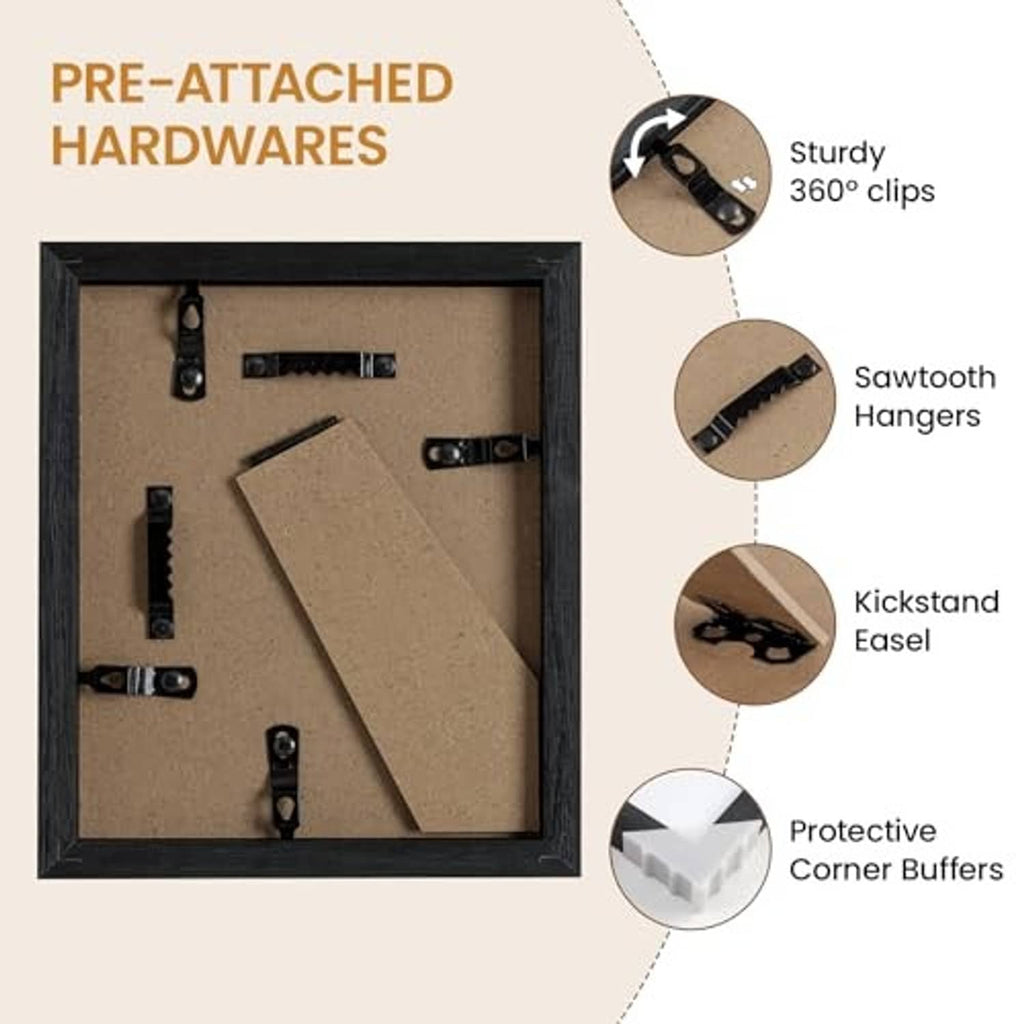 Black oak picture frame back with pre-attached hardware, hangers, and corner buffers