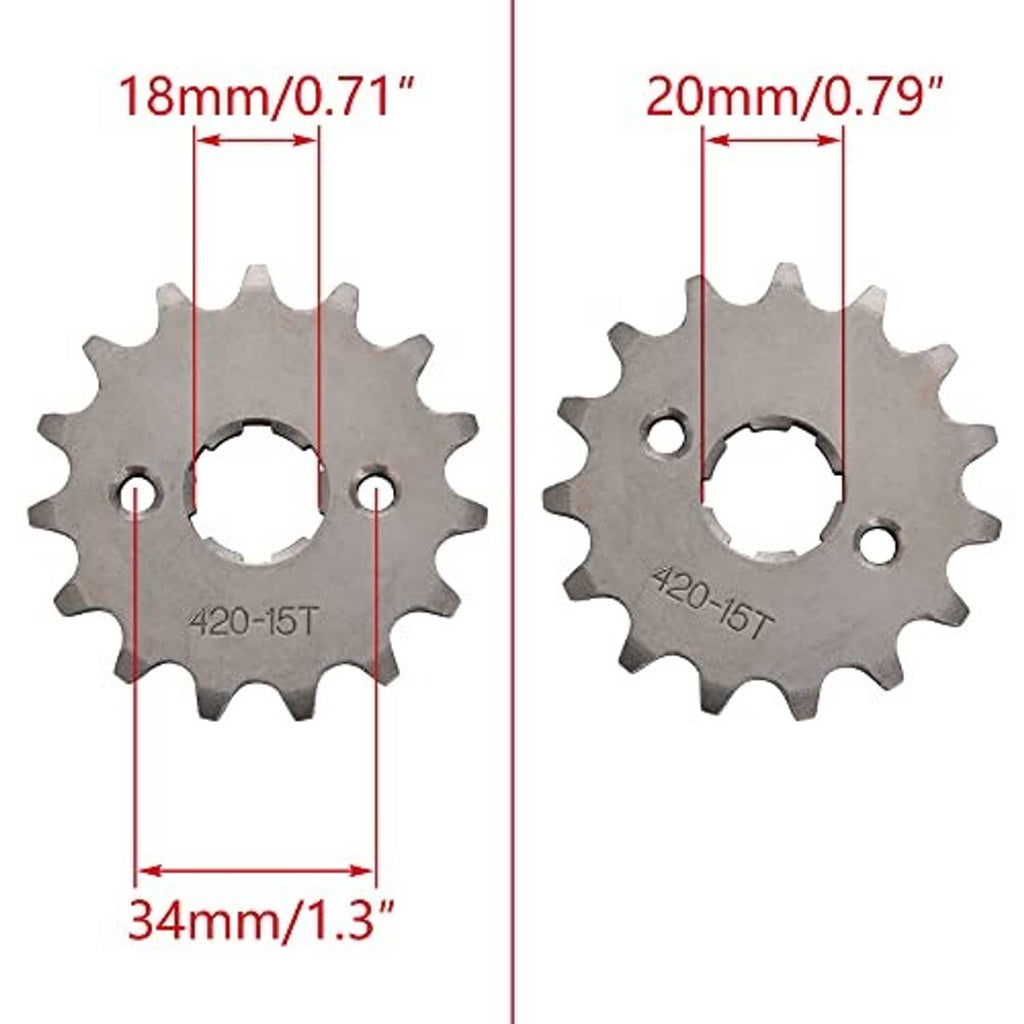 20mm front sprocket replacement, 420-15T, shown with size measurements 18mm and 34mm