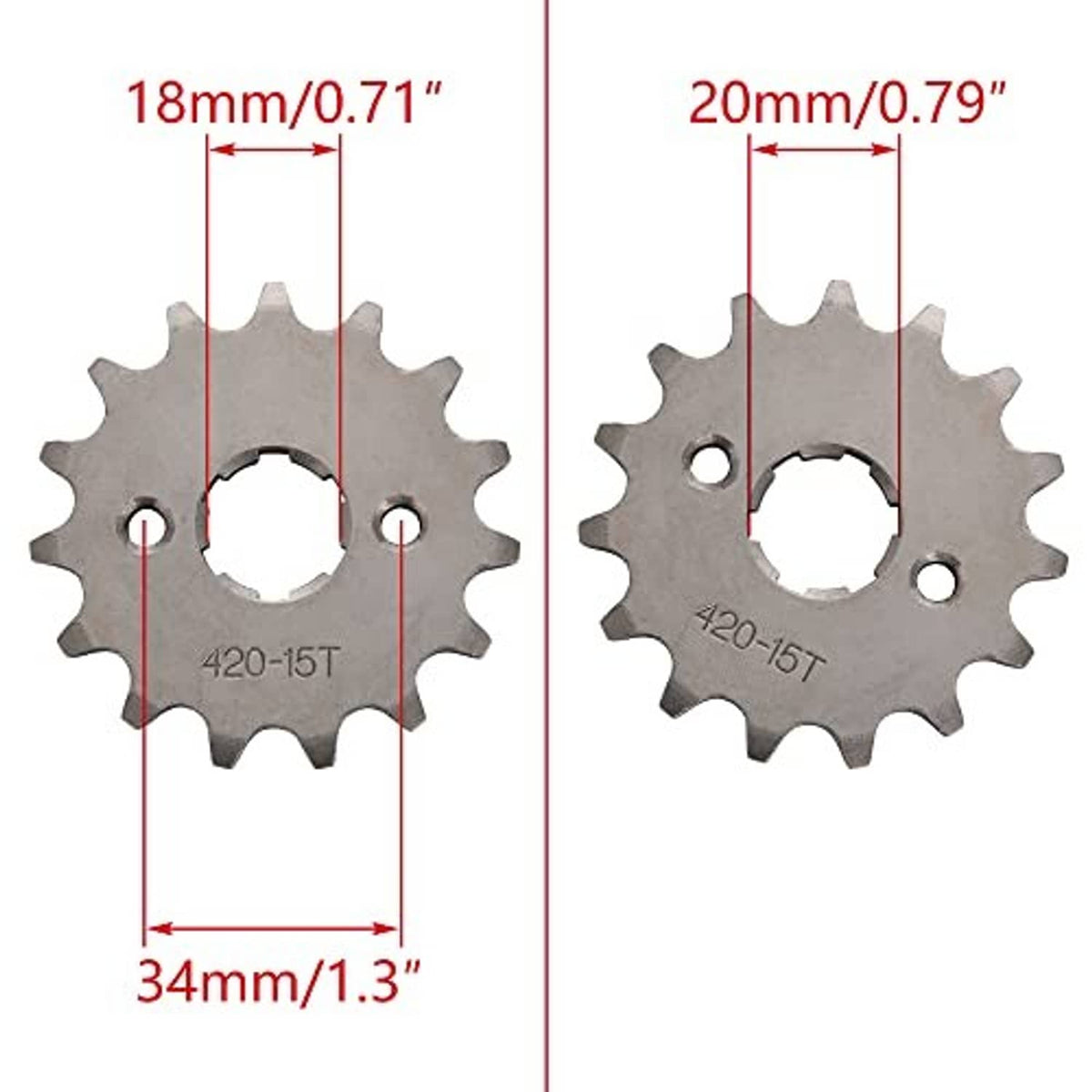 20mm front sprocket replacement, 420-15T, shown with size measurements 18mm and 34mm