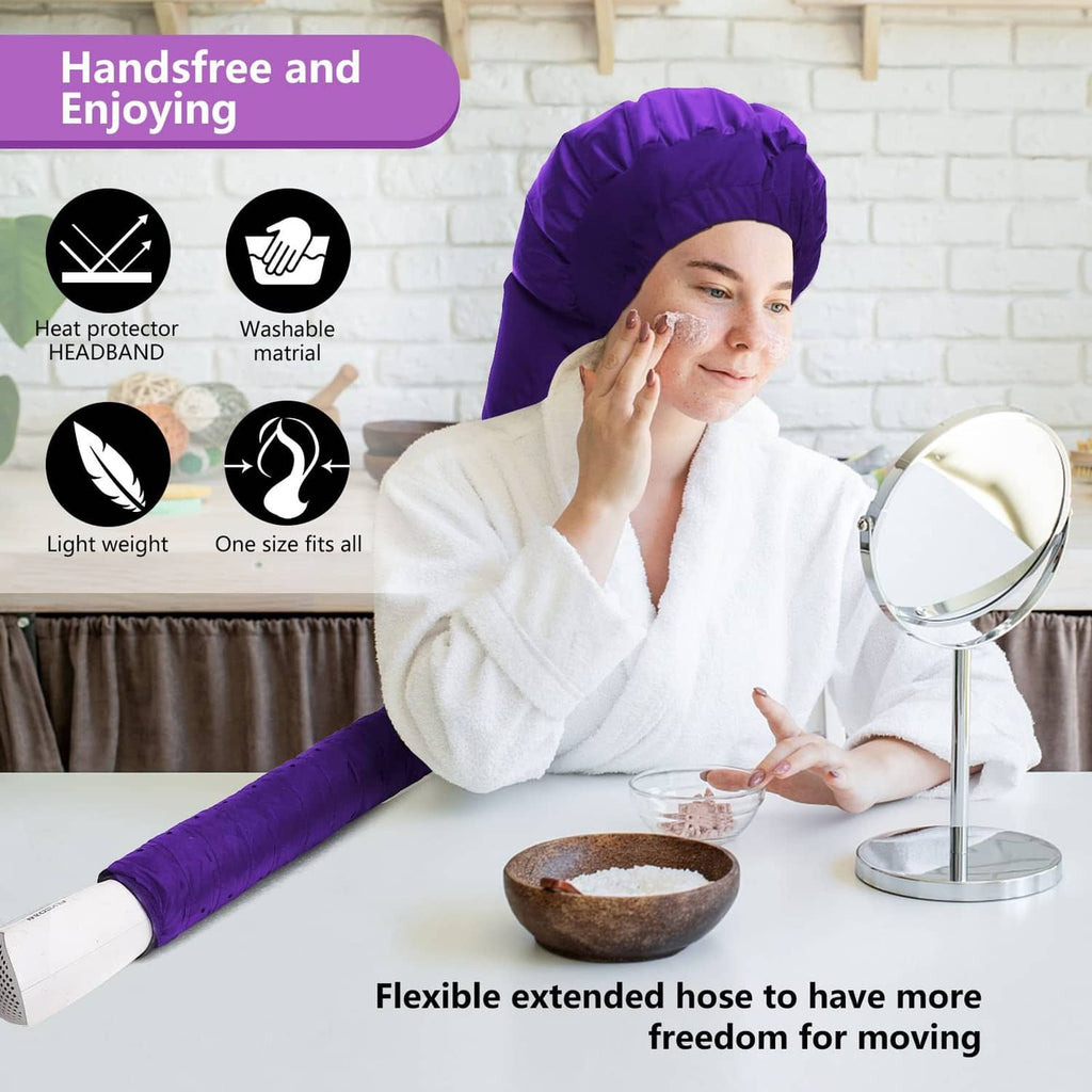 Purple hooded hair dryer bonnet worn over hair, with extended padded hood