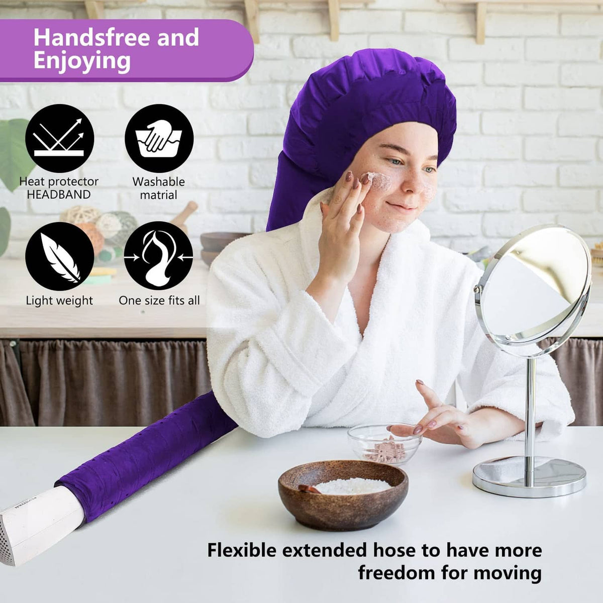 Purple hooded hair dryer bonnet worn over hair, with extended padded hood