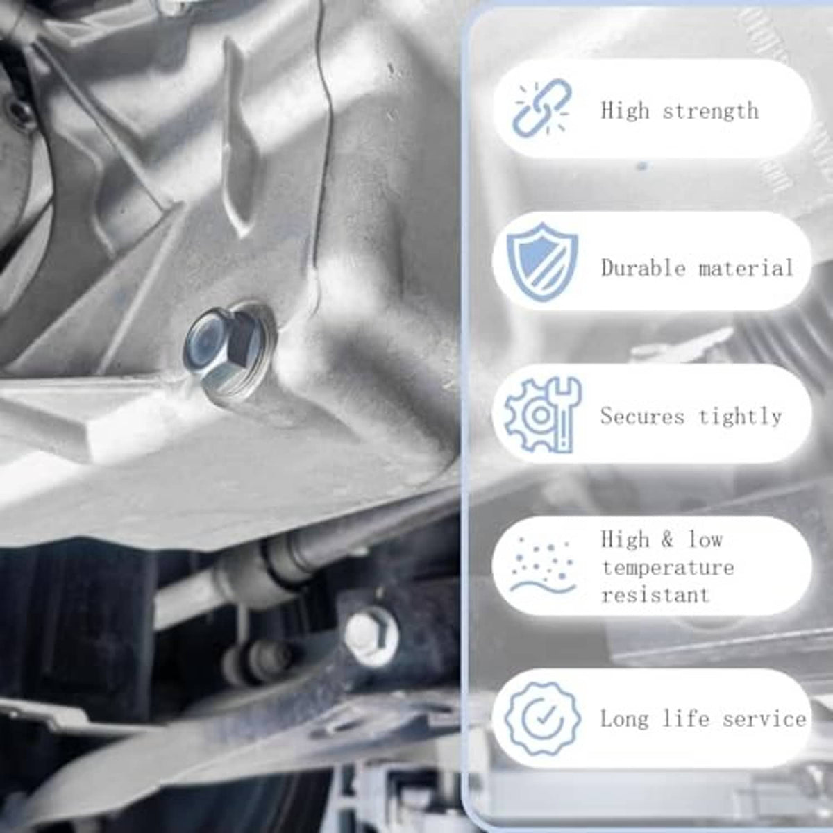 Oil drain plug crush washer gasket near an engine bay with durability callouts