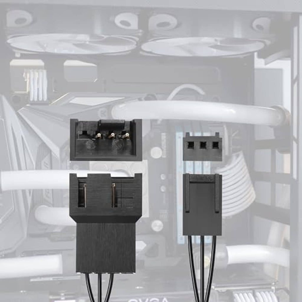 Fan adapter cable plugged into PC system connectors with black wire leads