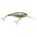 Bluegill crankbait lure with reflective silver-green body and two treble hooks