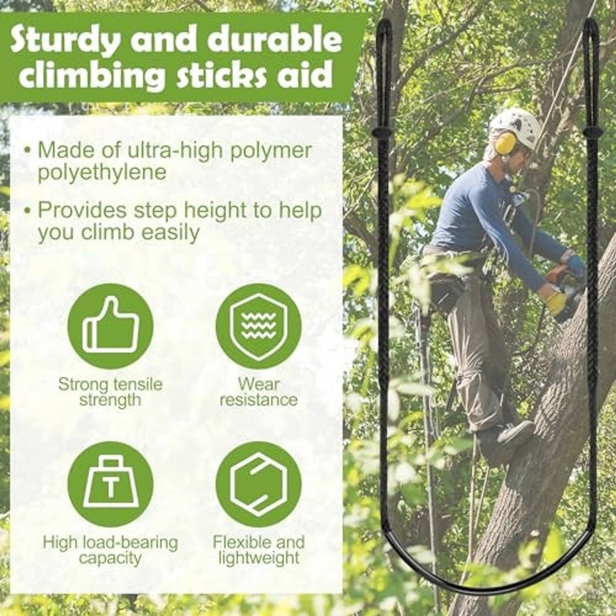 Black rope ladder aider with wide step bar and curved U-shaped support loop