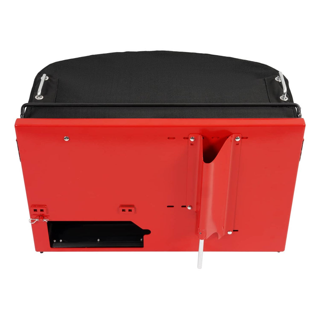 Red powder-coated catcher housing with black front opening and side mounting bracket