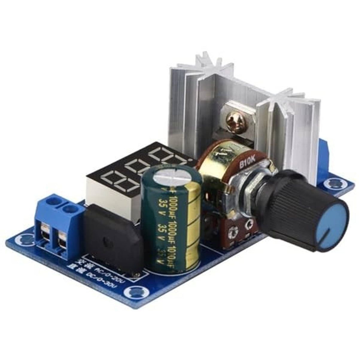 Adjustable voltage regulator module with LED voltage display, potentiometer knob, and terminal plugs