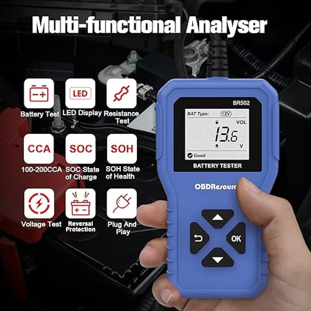 Handheld blue battery tester with LCD showing 16.5V and button controls