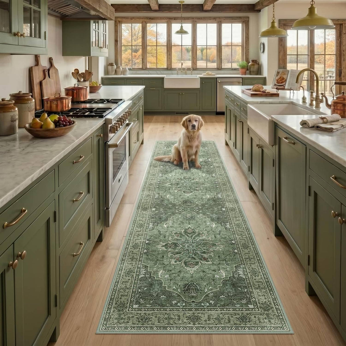 Washable area rug with vintage green and gray pattern, rectangular runner on floor