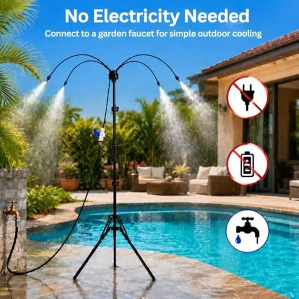 Outdoor misting tripod connected to a garden faucet, spraying fine water mist