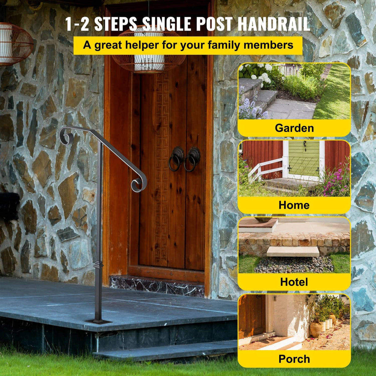 Matte gray single post handrail on a front step, with curved non-slip end grips.