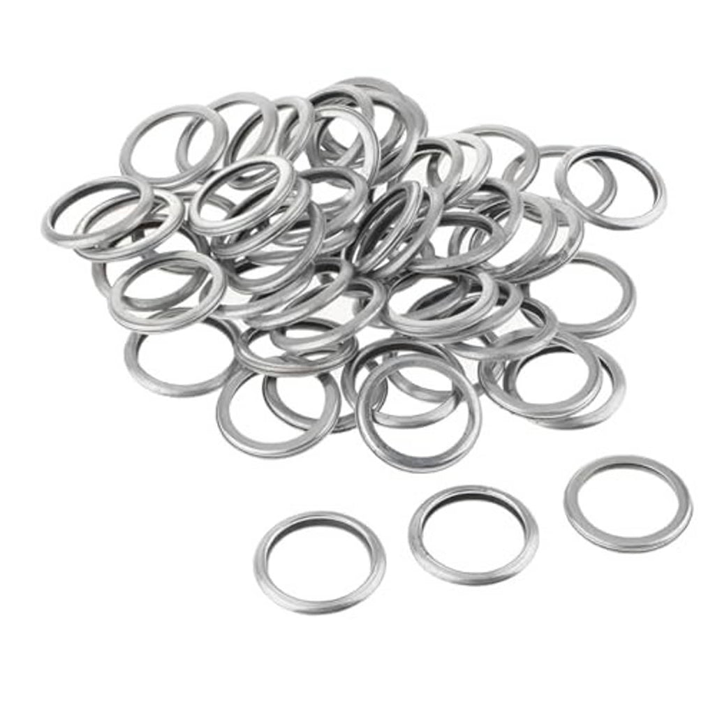 Oil drain plug crush washers, silver metal rings piled in a large mixed set