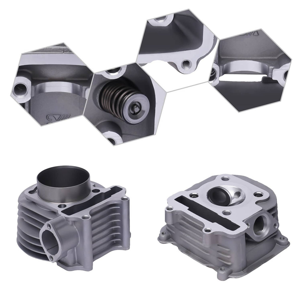 Big bore cylinder kit cylinder block shown from different views with visible bore opening