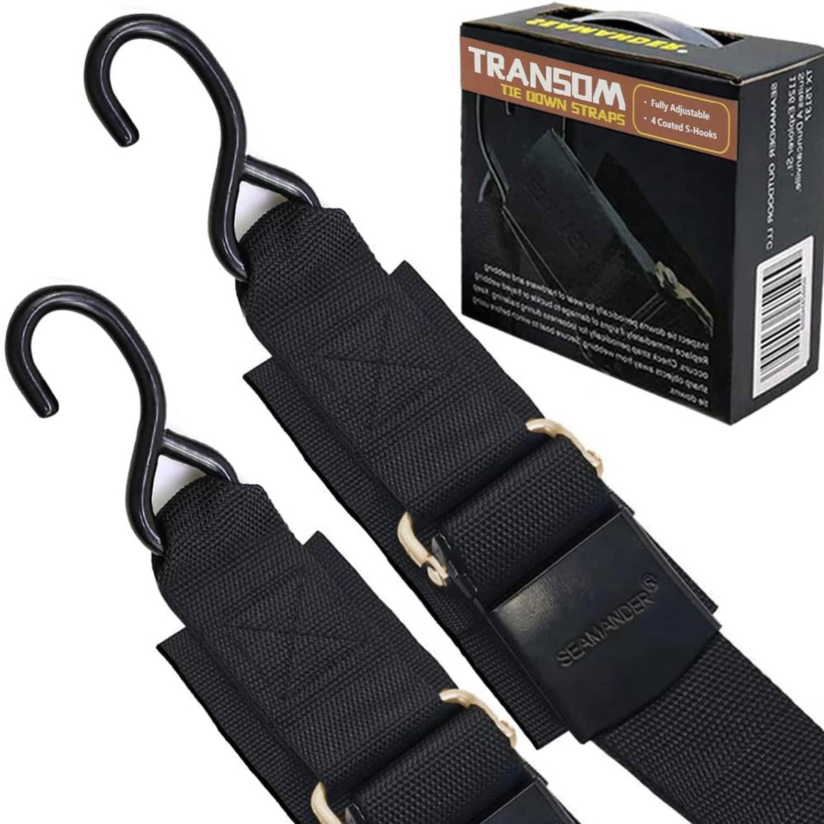 Pair of black boat transom tie-down straps with S-hooks and textured webbing