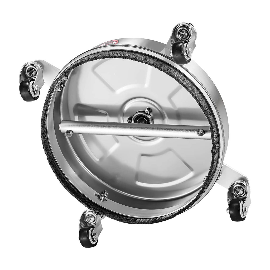 Round pressure washer surface cleaner with four wheels and central spray bar, stainless