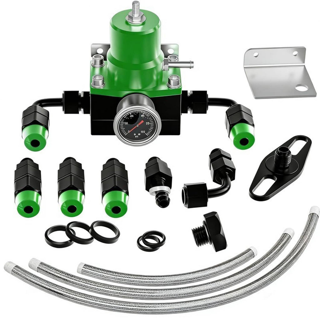 Green adjustable fuel pressure regulator kit with pressure gauge, braided lines, black fittings