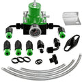 Green adjustable fuel pressure regulator kit with pressure gauge, braided lines, black fittings
