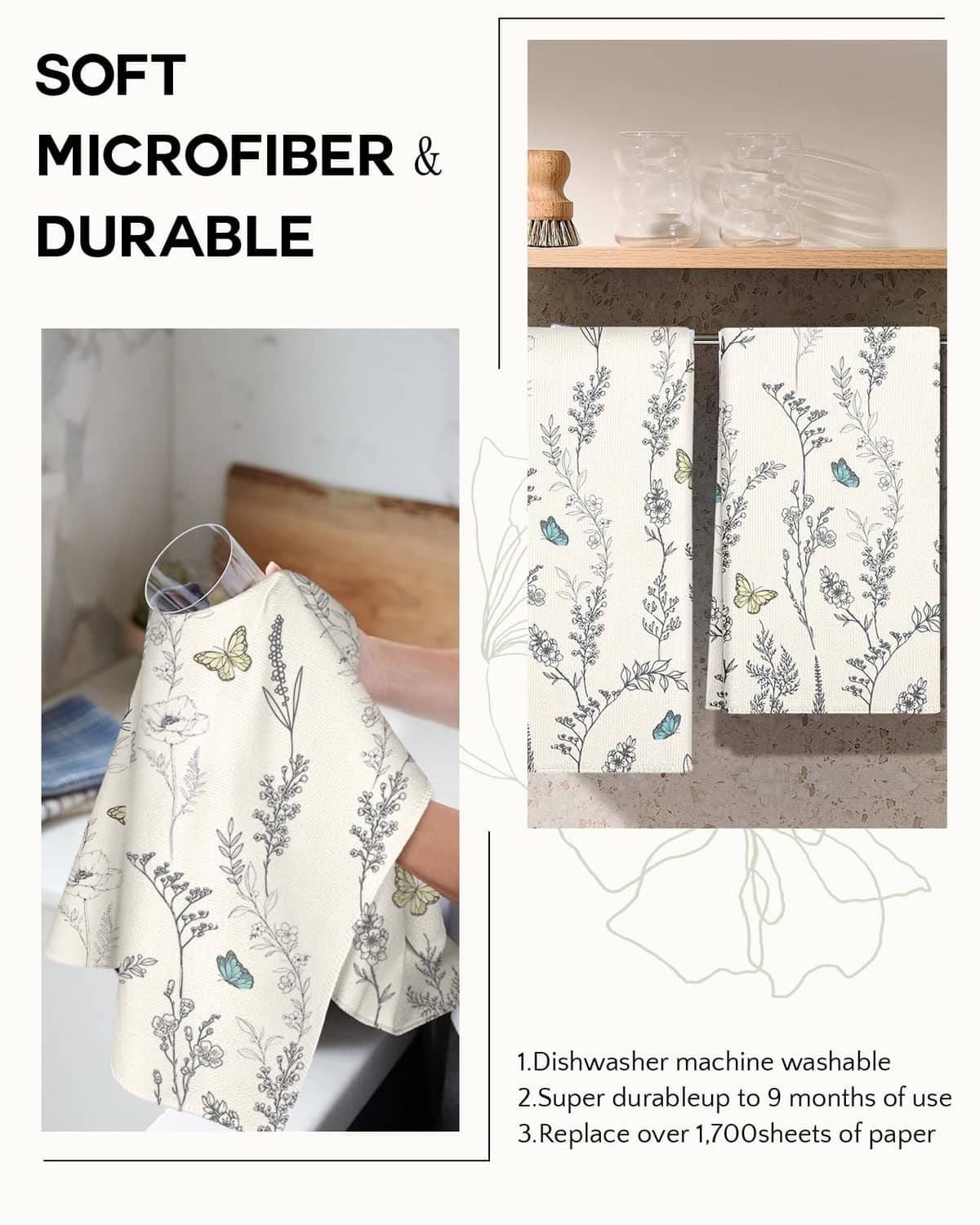 Kitchen towel set with white botanical print, shown in care and performance graphic