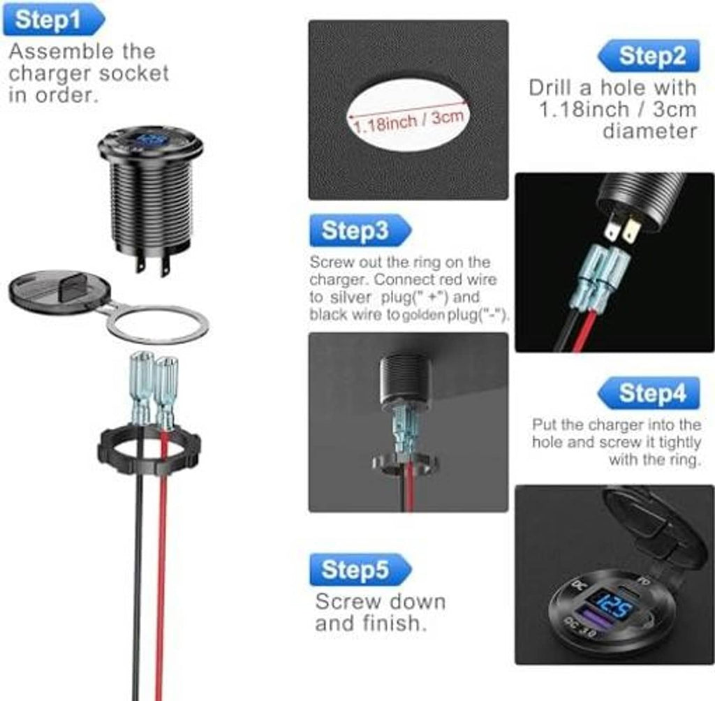 Car QC 3.0 charger socket installation diagram with included parts and steps