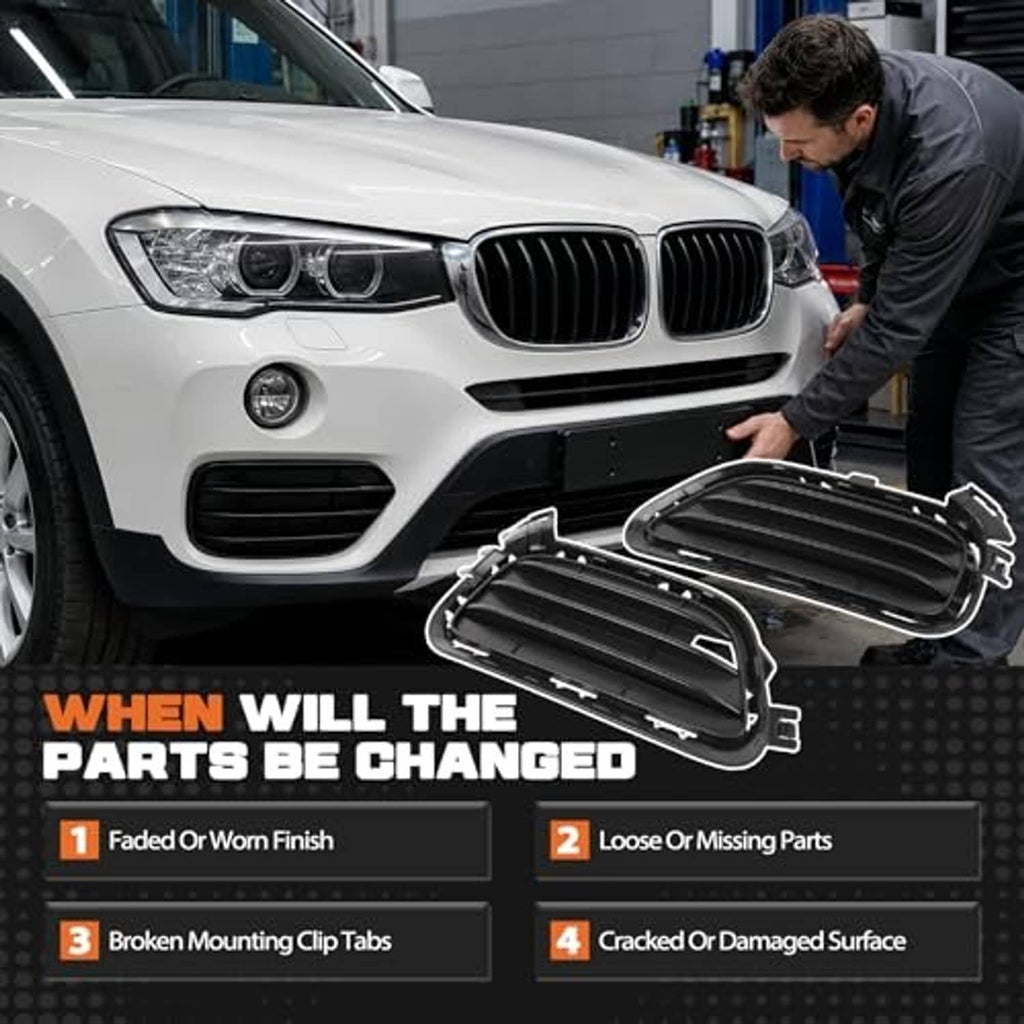 Technician holding black front lower fog light grille set for installation on a car
