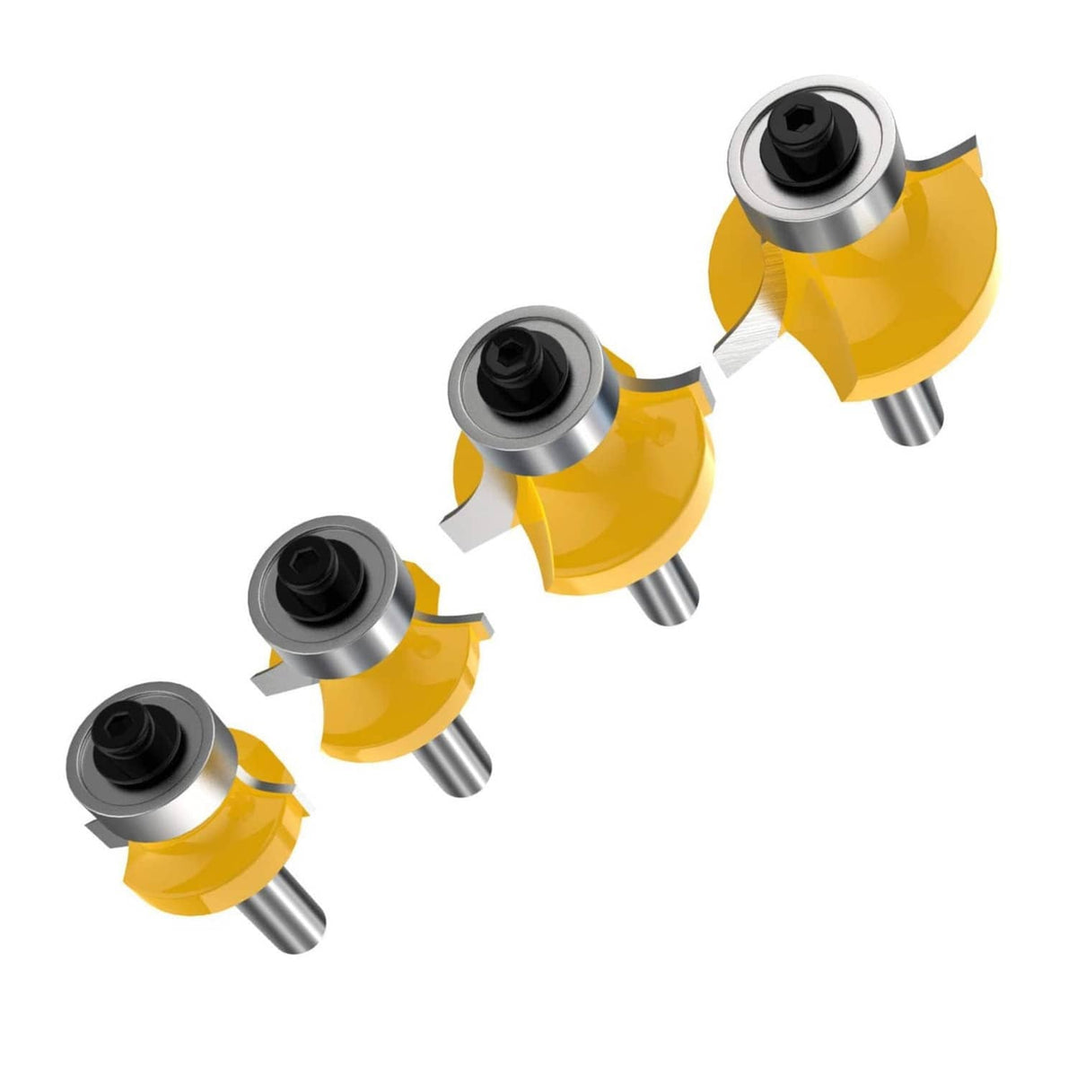 Roundover router bits with yellow carbide cutters and metal guide bearings, four angled views