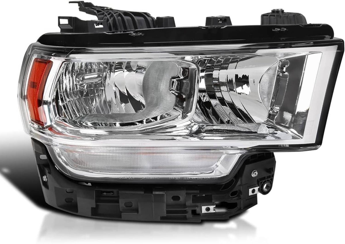 Right halogen headlight assembly with chrome housing and clear lens, amber side marker