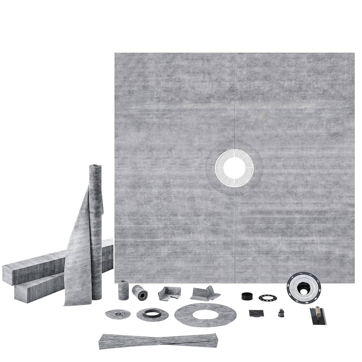 Grey waterproof shower curb kit components with central drain opening and rings
