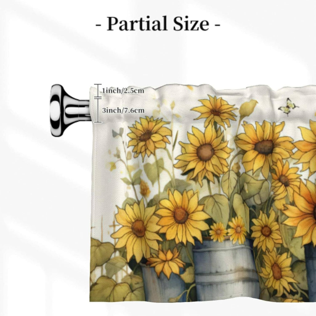 Close-up sunflower valance fabric with yellow blooms, green leaves, and blue bucket jars