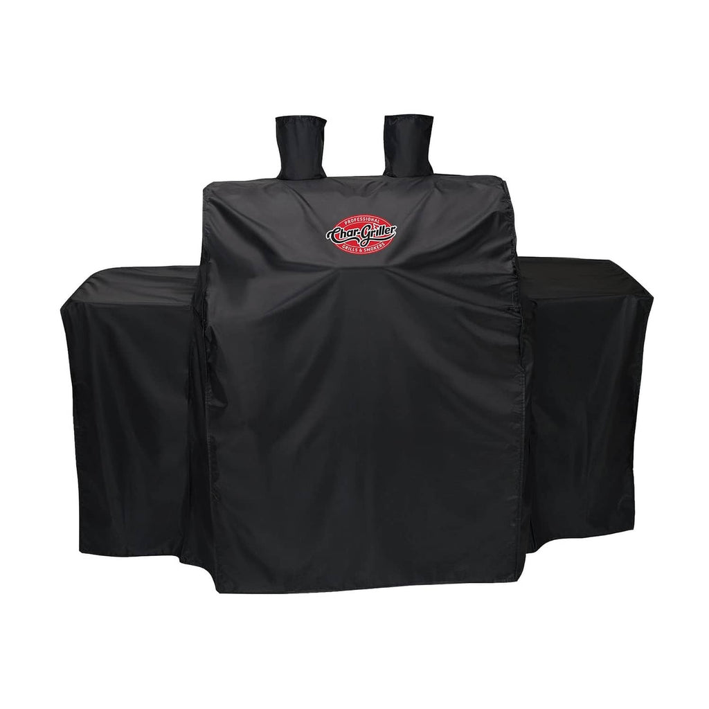 Black gas grill cover with Char-Griller logo and two upright handles.