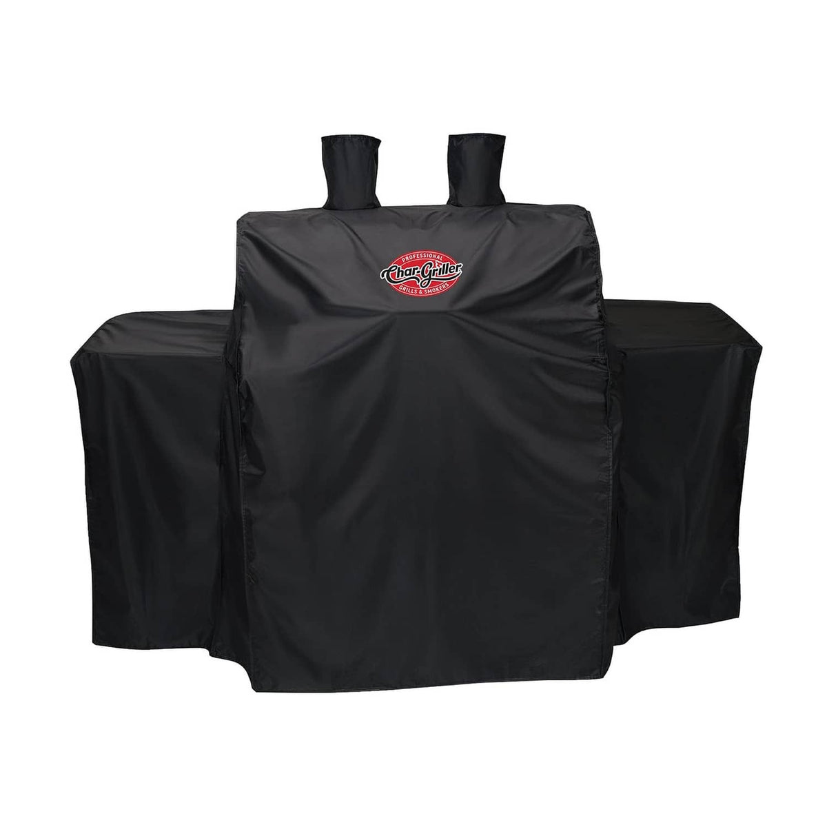 Black gas grill cover with Char-Griller logo and two upright handles.