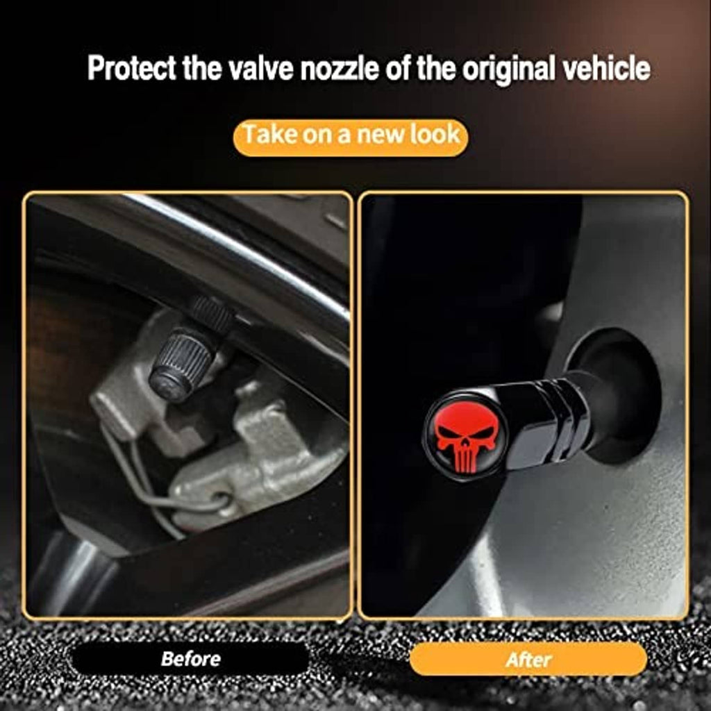 Black tire valve stem cap with red skull emblem installed on a vehicle tire valve