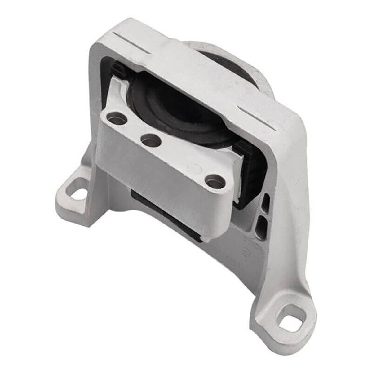 Side view engine mount with silver bracket and black rubber bushing and mounting holes