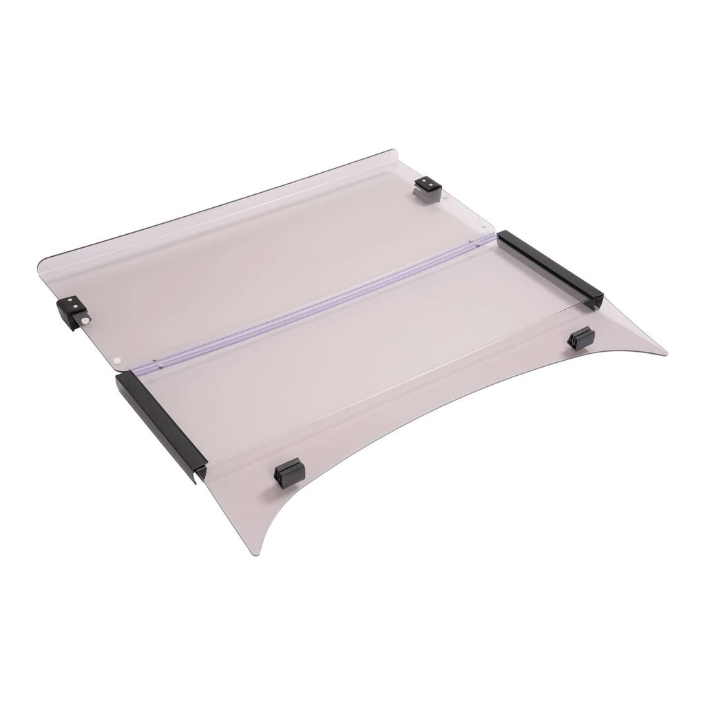 Angled tinted golf cart windshield with black side mounts and clear panel