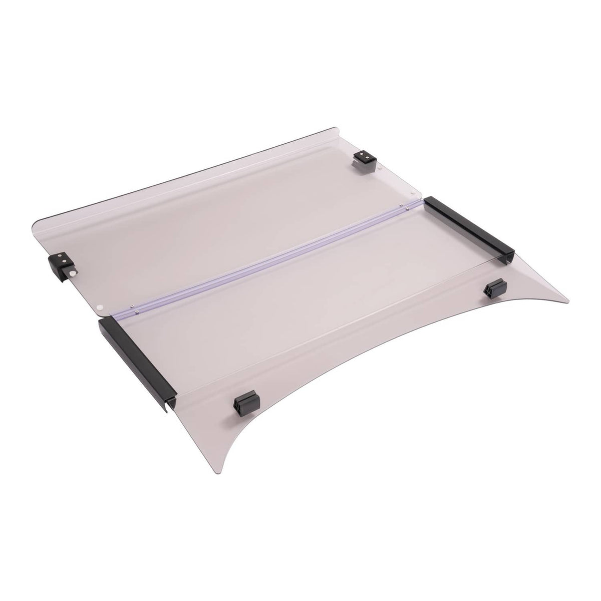 Angled tinted golf cart windshield with black side mounts and clear panel
