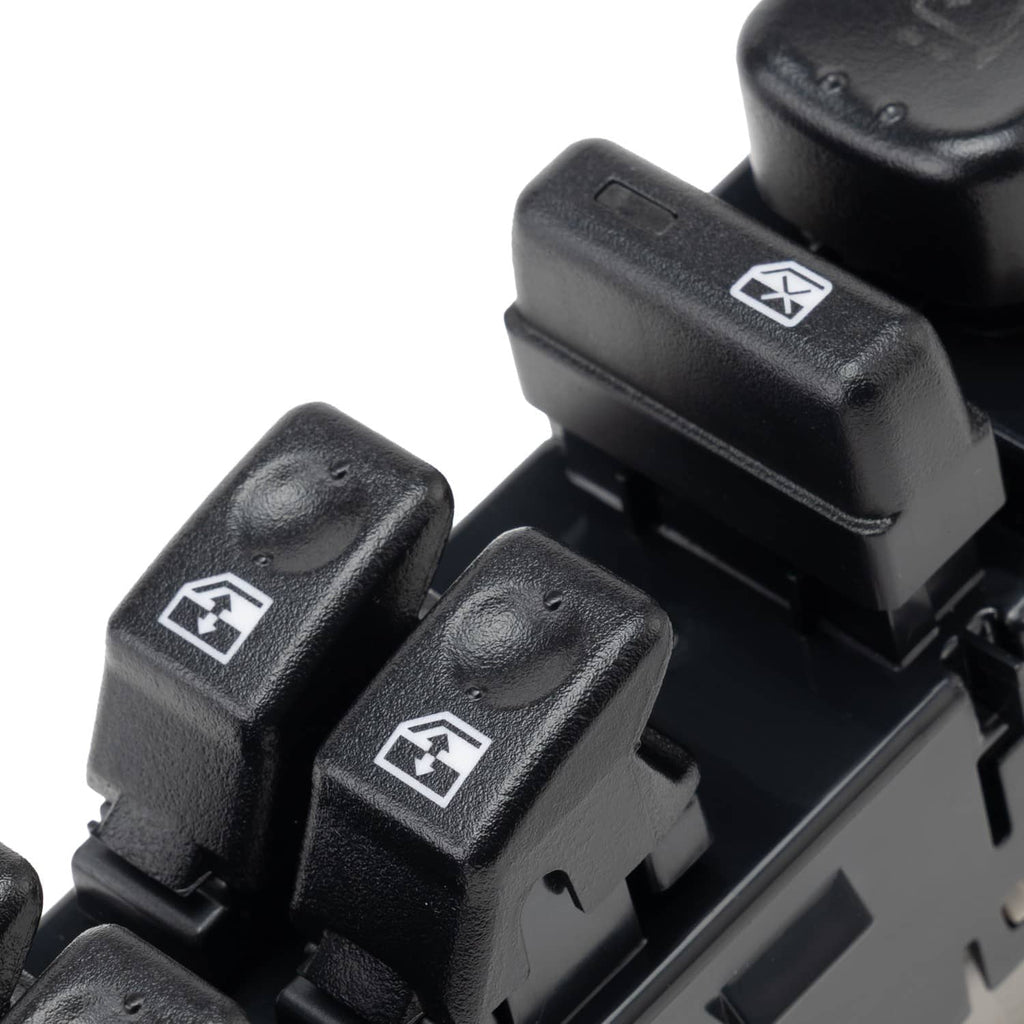 Close-up of black window switch rocker buttons with window/lock icon markings.