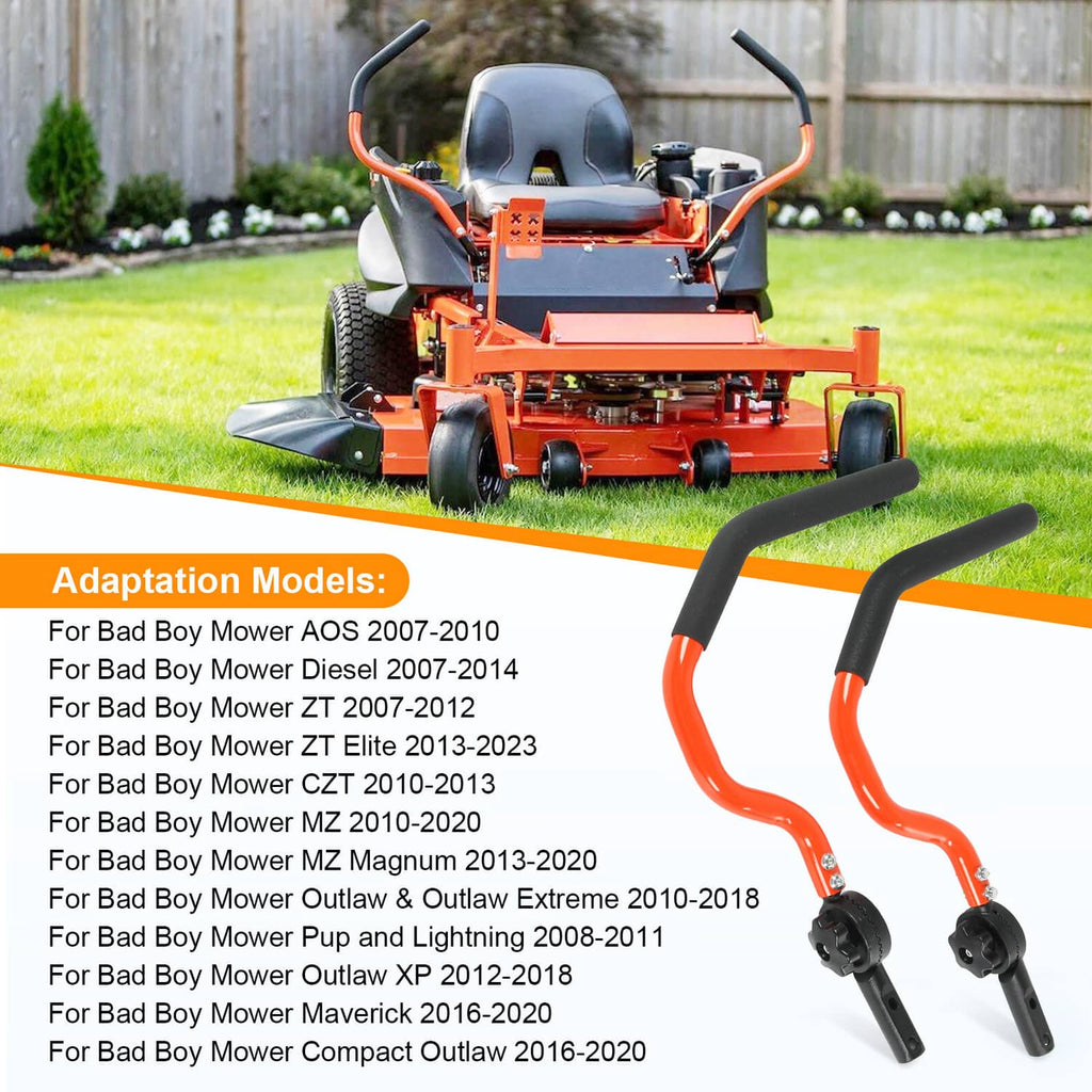 Steering arm kit installed on an orange riding mower with black and orange handles
