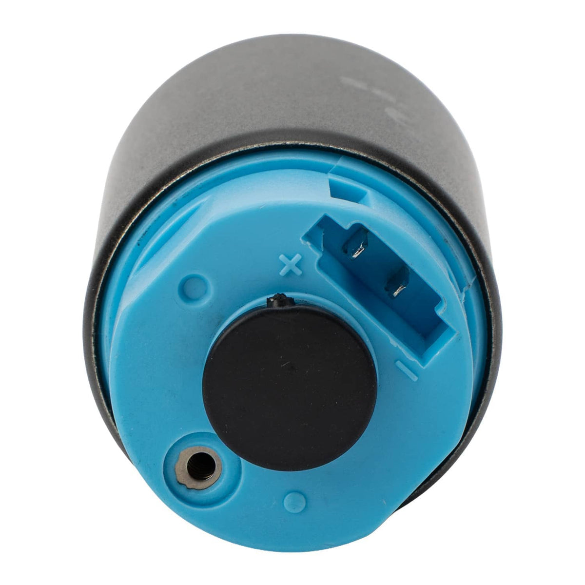 Fuel pump end cap with blue housing and black center port