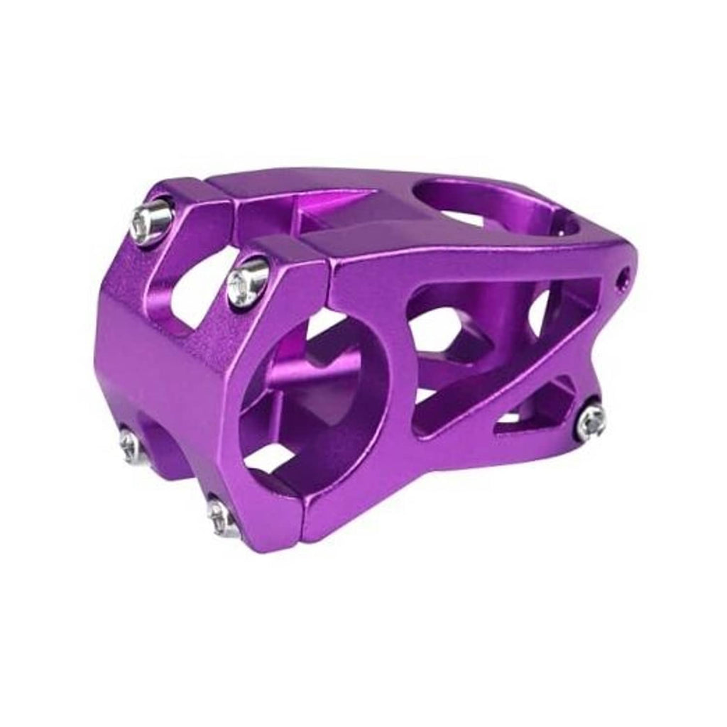 Purple aluminum bike stem, short handlebar clamp with bolt hardware, 31.8mm