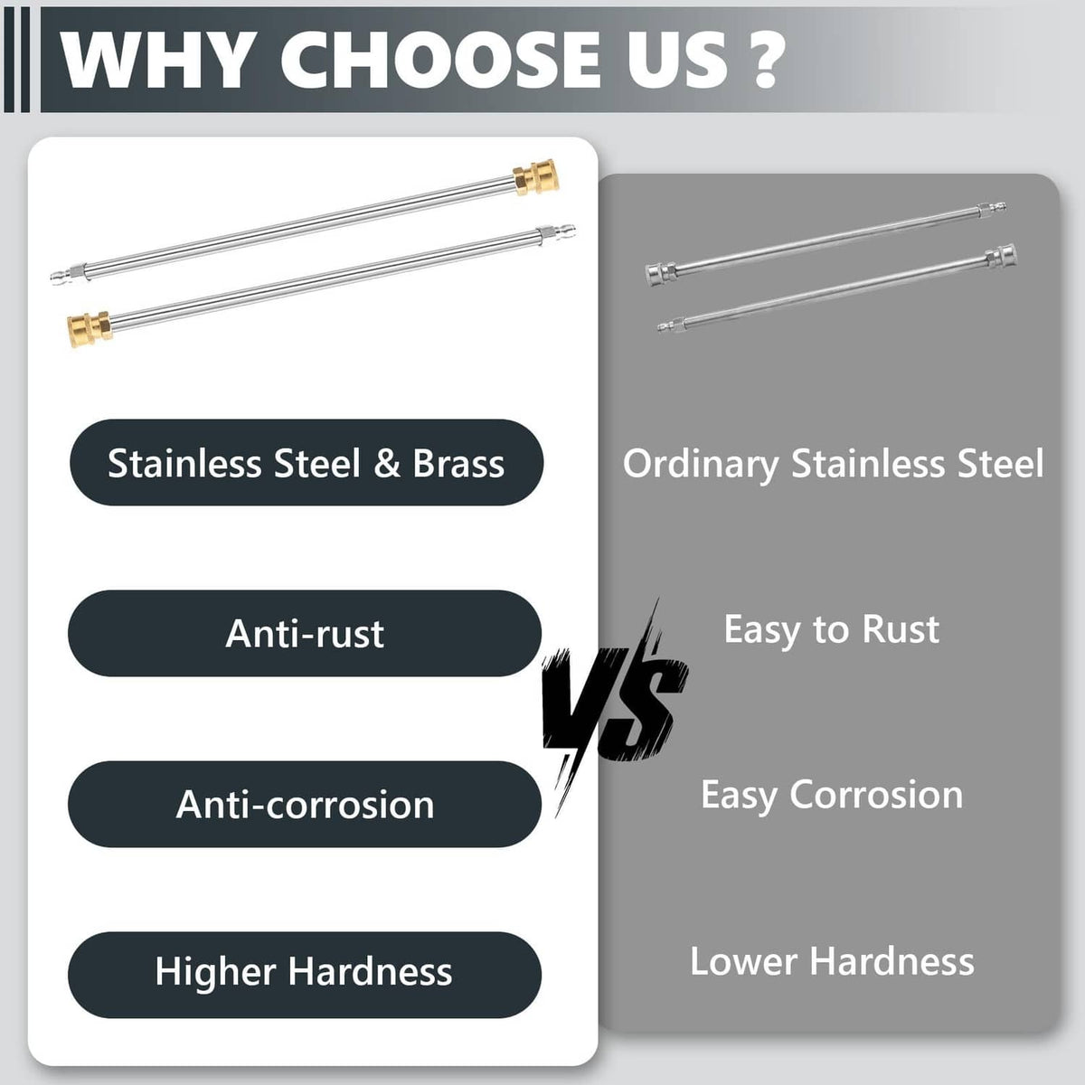 Pressure washer extension wand pair with stainless and brass connectors, shown side-by-side