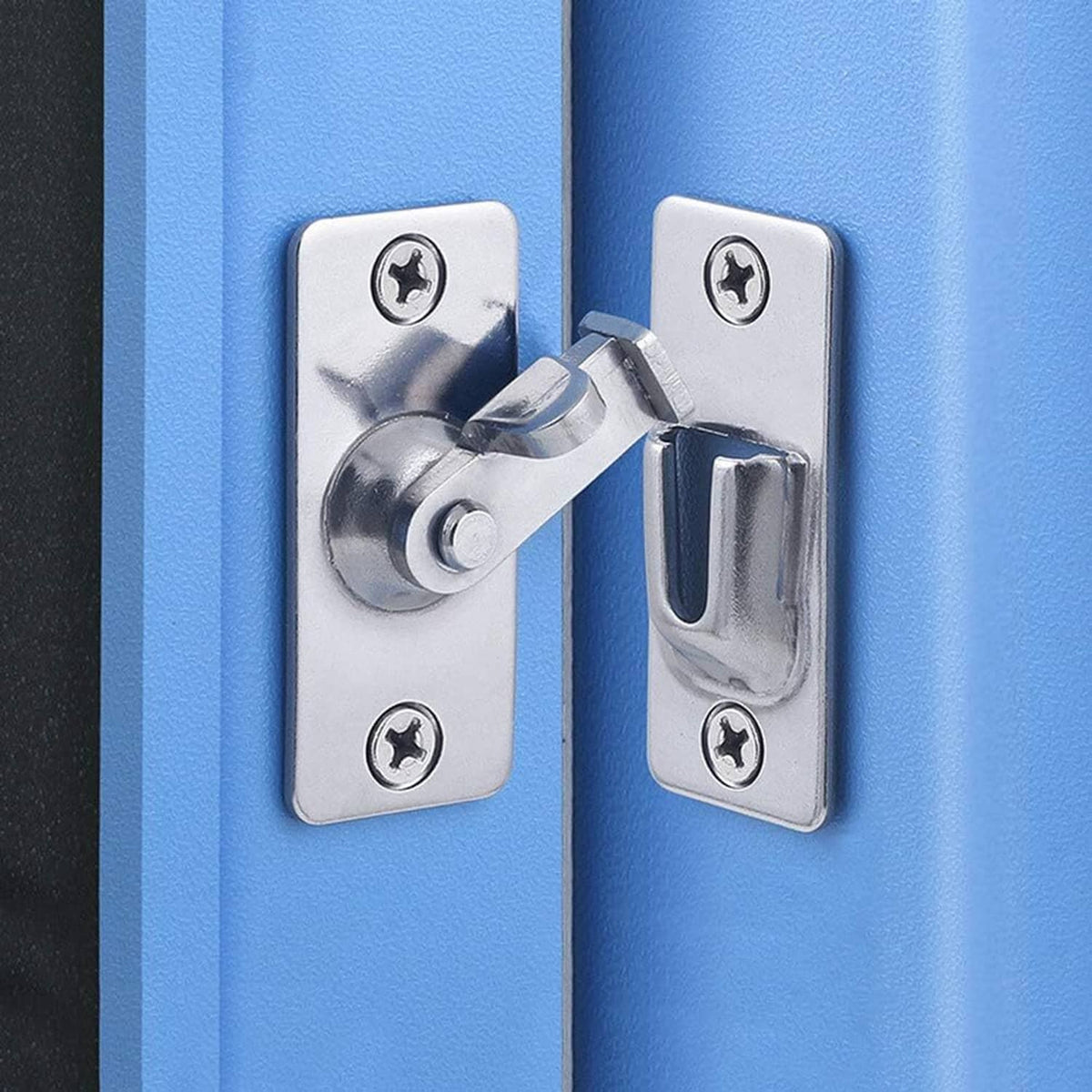 Stainless steel 90-degree door hasp latch with locking catch and mounting screws