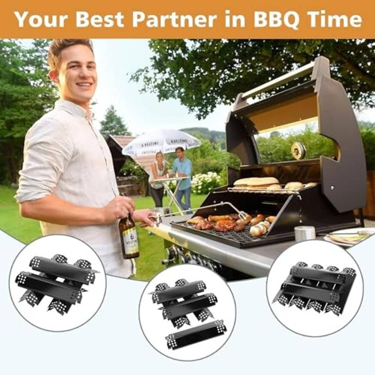 Porcelain steel grill heat plate replacement shown on gas grill with inset plate details