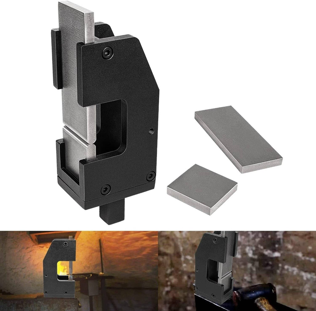 Black guillotine forging tool with flat die plates, compact base and vertical punch